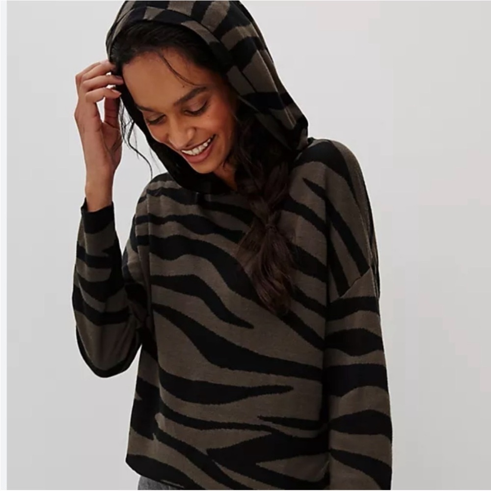 Anthropologie Kasia Knit Hooded Pullover Zebra Olive Sweater Boxy Modal Sz XS - Picture 2 of 12